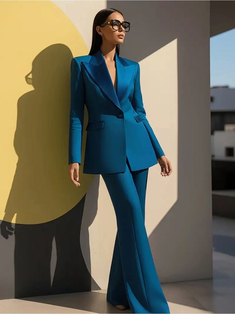 Teal Women's Tailored Pantsuit - Sleek Structured Blazer & Flared Pants - Picture 1 of 8